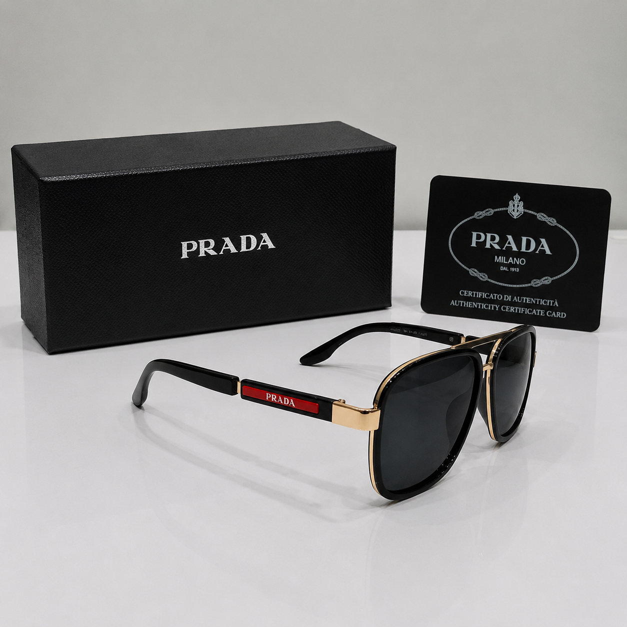 Prada Linea Rossa Square Aviator Sunglasses – Black & Gold Edition
