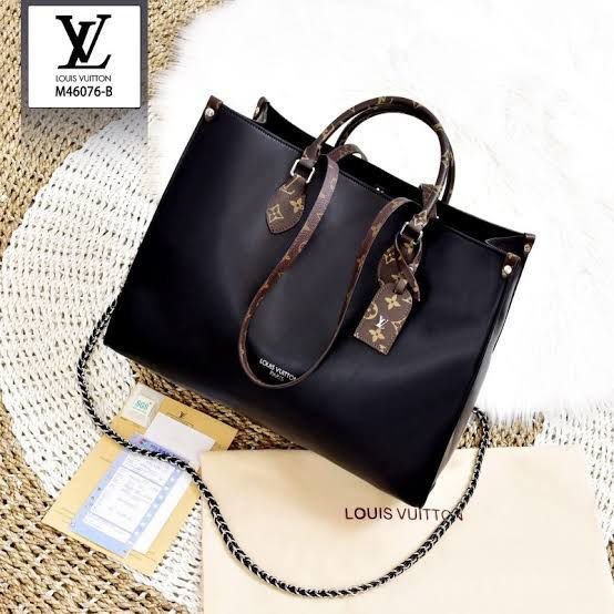 Louis Vuitton OnTheGo MM (Black Leather with Monogram Trim & Chain Strap)
