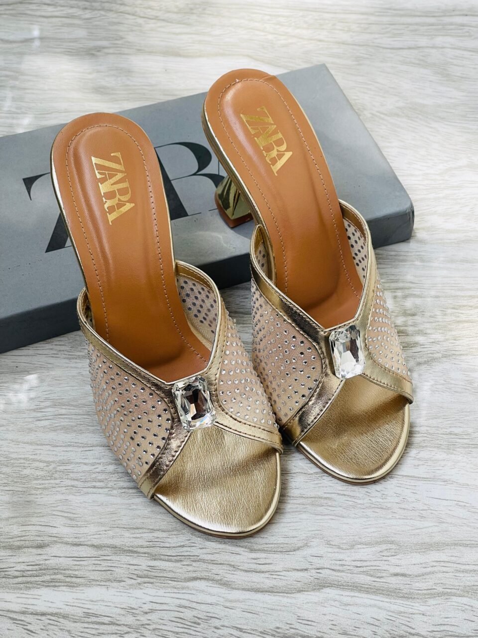 ZARA Embellished Gold Crystal Mule Heels